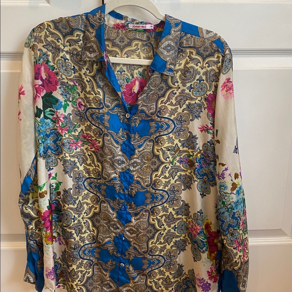Johnny Was Blue, Pink and Gold Paisley Silk Floral Button-Down Blouse